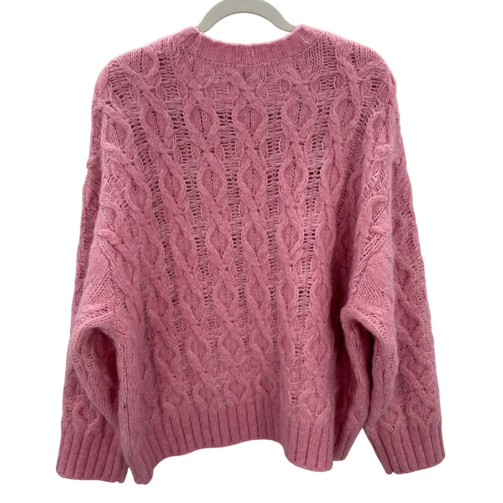 LOFT Pink Cable Open Knit Crew Neck Sweater Womens XL Wool‎ Blend Lightweight